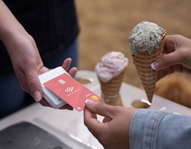 customer using advantage banking card at ice cream shop