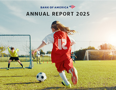 2025 Bank of America Annual Report and Young soccer player approaching the goal with the ball