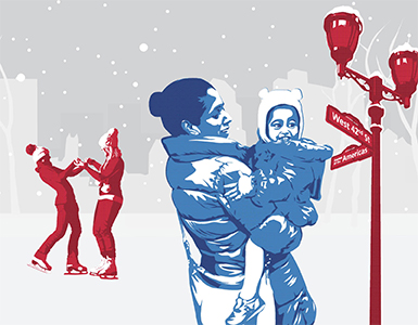 In a snowy cityscape, there are two people holding hands while ice skating and an adult holding a small child.