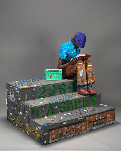 Mixed-media assemblage depicting a seated Black figure in a bright blue shirt and purple cap, reading atop stacked, graffiti-covered steps.