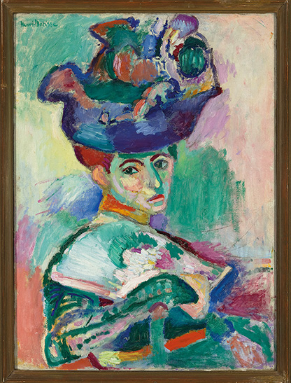 Colorful, expressive painting of a figure in a decorated hat, rendered with bold, abstract brushstrokes.