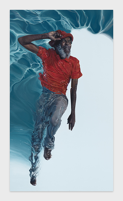 Painting of a man in red shirt and grey pants
