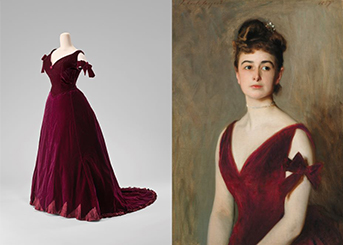 A composite of dress on display and painting of a woman