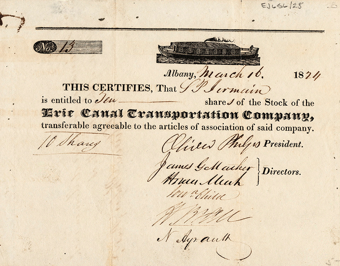 Stock certificate for the Erie Canal Transportation Company