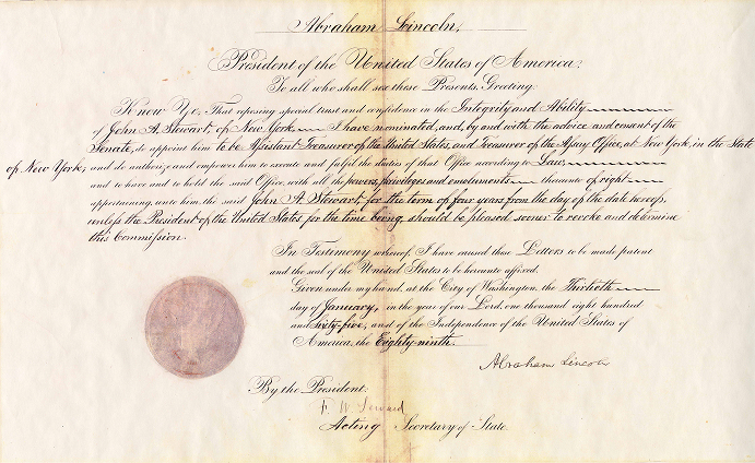 Treasury nomination signed by Abraham Lincoln
