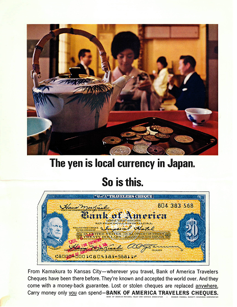Bank of America international travelers check advertisement for Japan