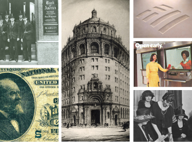 Historic collage showing early banking scenes, vintage currency, buildings, and people illustrating Bank of America’s timeline history.