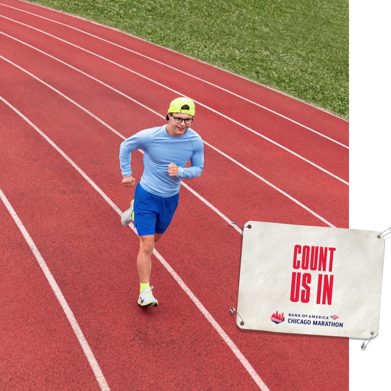 Caleb running with an image of a bib that reads “count us in”