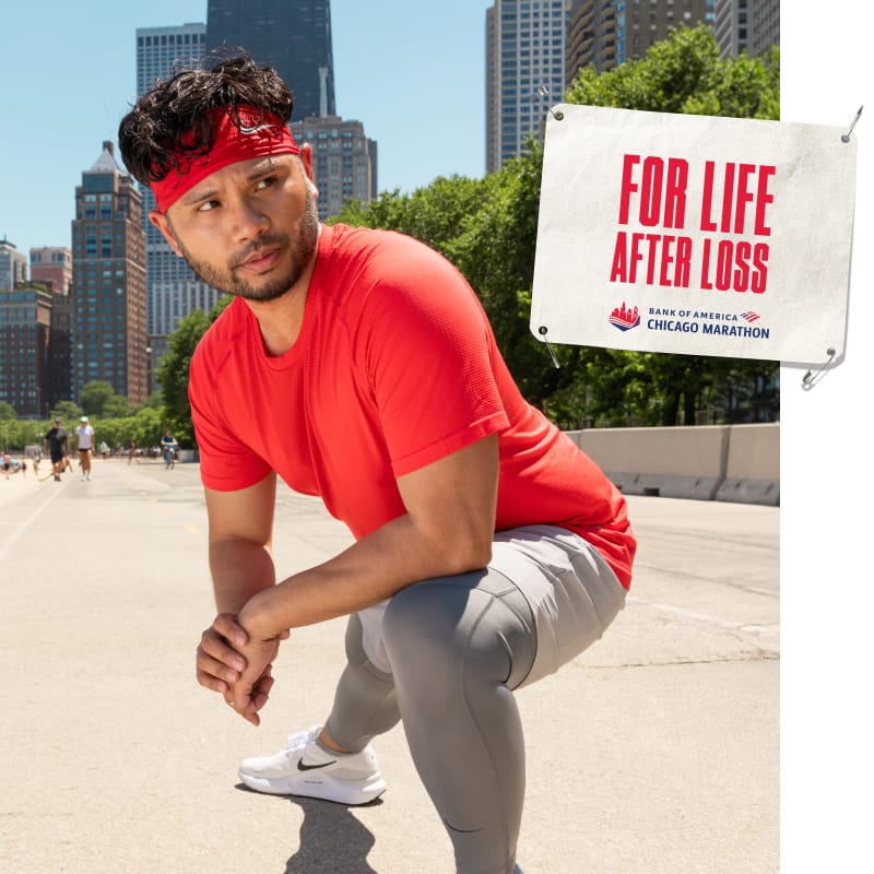 Justin running with an image of a bib that reads “for life after loss