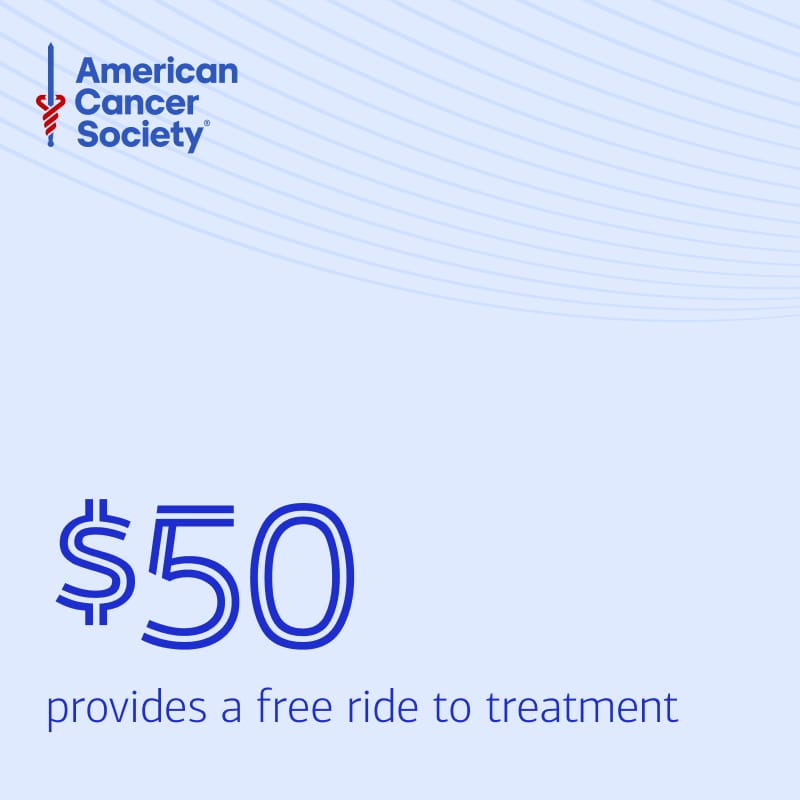An image stating that a $50 donation can provide a free ride to treatment for a cancer patient