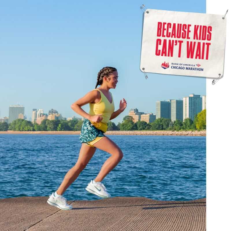 Leanne running with an image of a bib that reads “BECAUSE KIDS CAN’T WAIT”