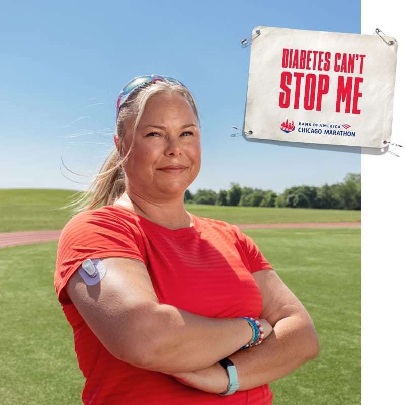 Taylor facing camera with an image of a bib that reads “DIABETES CAN’T STOP ME”