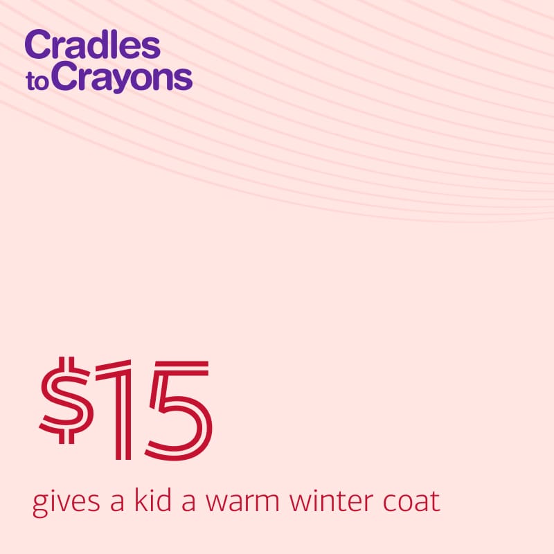 An image stating that a $15 donation to Cradles to Crayons gives a kid a warm winter coat