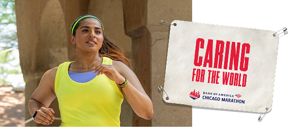 Qaiynat running with a bib alongside her that reads “caring for the world”