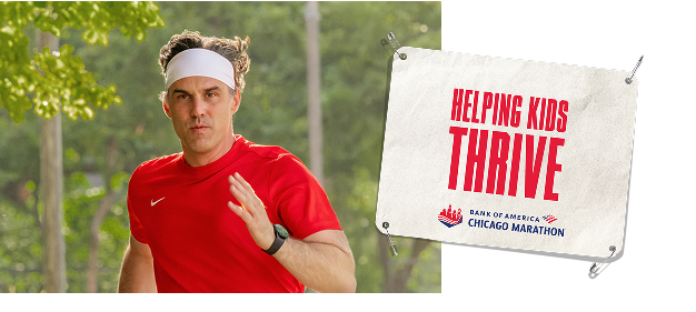 Tim running with a big alongside him that reads “helping kids thrive”