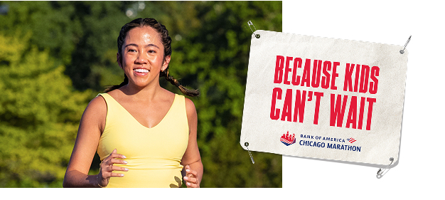 Leanne running with a bib alongside her that reads “because kids can’t wait”