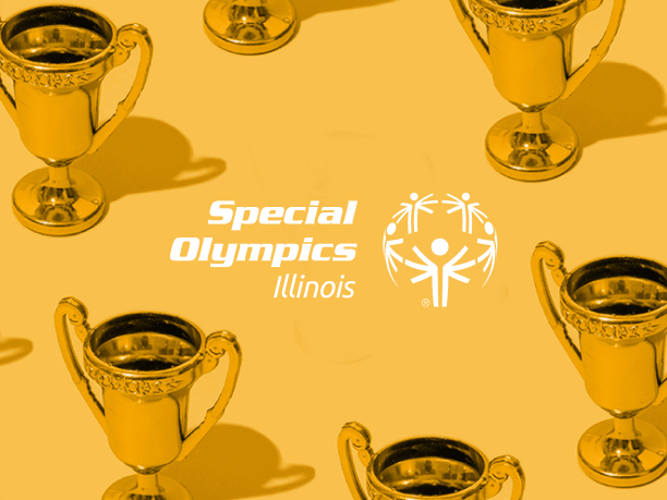 An image of trophies with the Special Olympics of Illinois logo