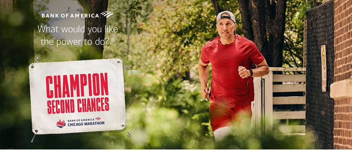 Brian C. running with a marathon bib saying champion second chances