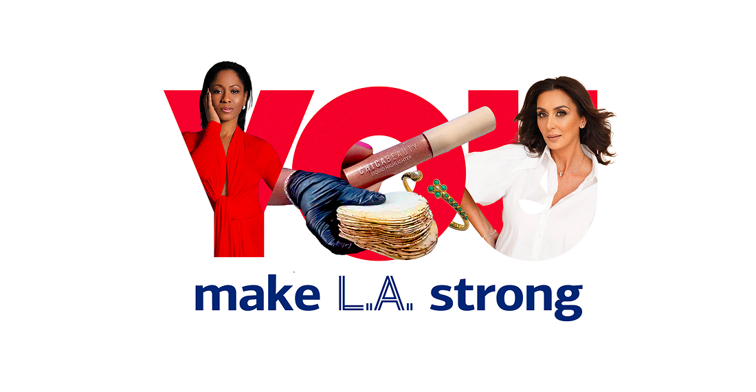 Collage of small business owners and graphic elements over the words Make L.A. Strong
