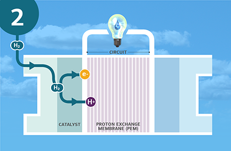 A fuel cell (labeled as “catalyst”), “proton exchange membrane (PEM),” and “circuit,” are pictured under a lightbulb with a water droplet as the filament. The background is the sky. At the top left is a “2,” signifying step two in the process, showing Hydrogen gas (H2) now in the fuel cell splitting into positive, “H+,” and negative particles, “e-,” through a chemical reaction. Text, “A chemical reaction causes the hydrogen gas to split into positive and negative particles,” is written as a description of this step.