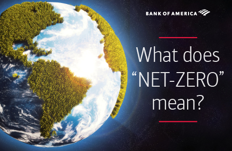 View of Earth from space, with continents covered in grass. Title reads, “What does ‘NET-ZERO’ mean?” “Bank of America” and its logo are above the title.