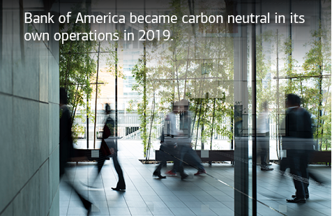 Blurred figures walking quickly through an atrium-like building. Text reads, “Bank of America became carbon neutral in its own operations in 2019.”