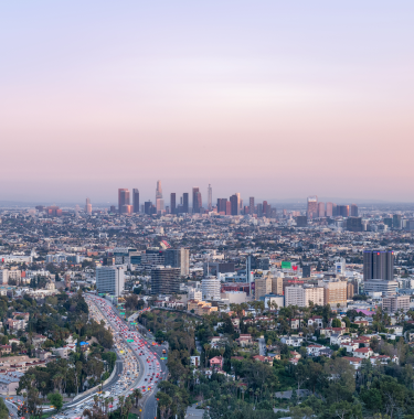 A city skyline at dusk