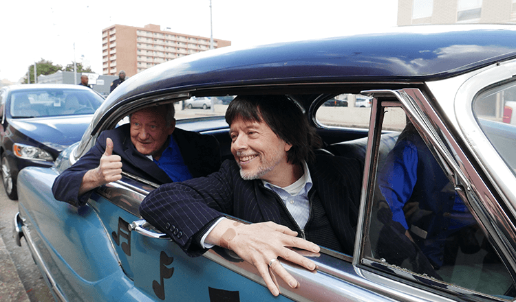 Ken Burns and Dayton Duncan in a car in Tennessee