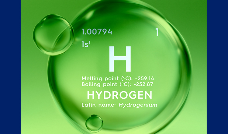 Close-up of hydrogen atom with atomic mass of “1.00794” and electron configuration of “1s^1” at the top left, and atomic number of “1” at the top right. The hydrogen symbol “H” is in the middle, along with “Melting point (C): -259.14” and “Boiling point (C): -252.87.” “HYDROGEN” and “Latin name: Hydrogenium” are also written on the atom.