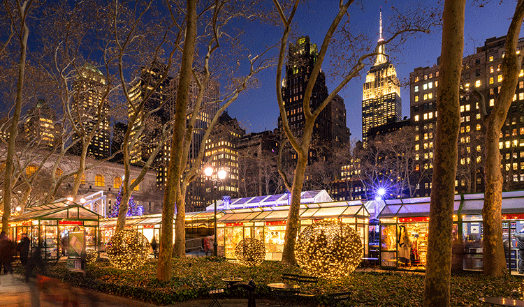 Image of Bryant Park Winter Village at night 