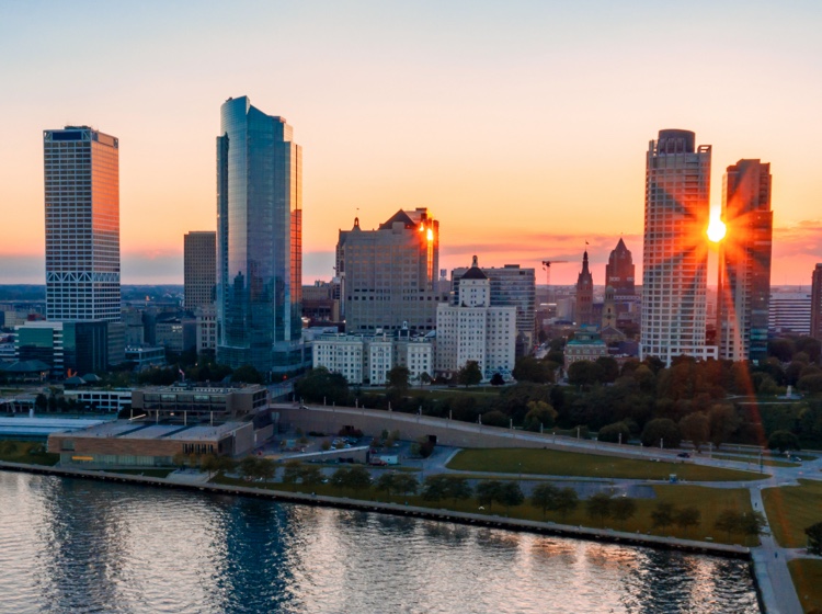 Milwaukee skyline at sunset