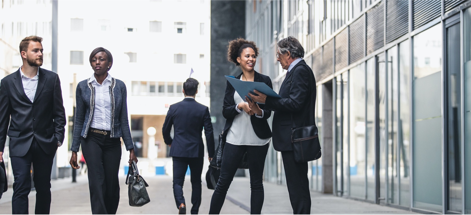 Business people outside office