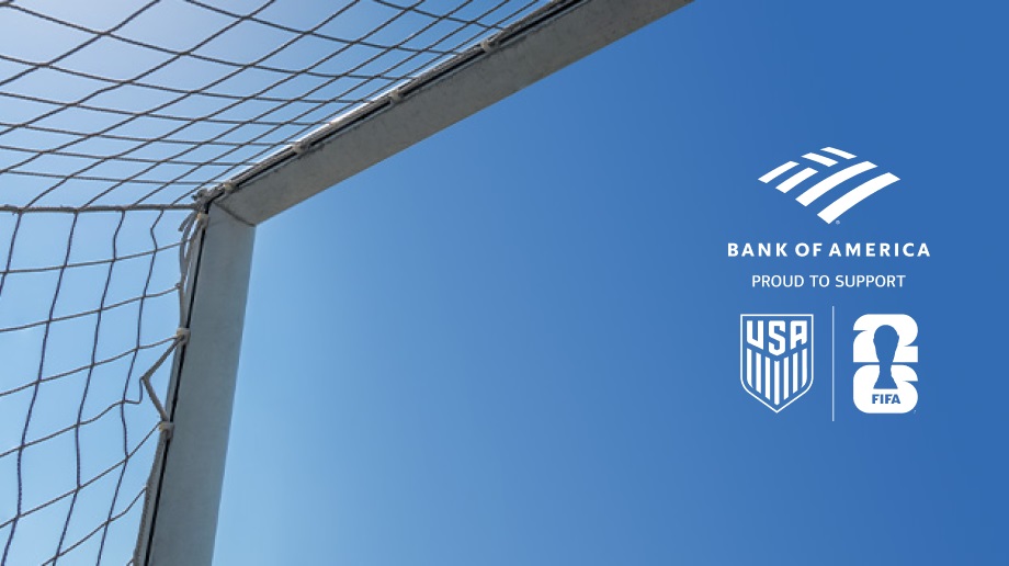 Blue sky, corner of soccer goal; Bank of America soccer partnerships logo
