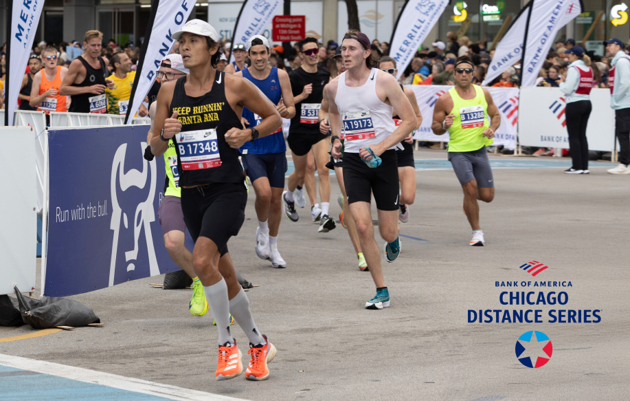 Chicago Marathon runners in action and Logos for Bank of America, Chicago distance series