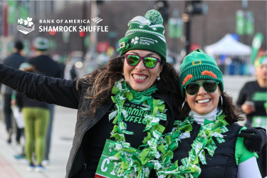 Joyful Shamrock Shuffle participants dressed in green and Bank of America Shamrock Shuffle Logo