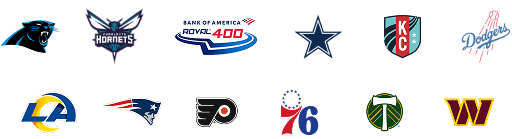 Logos for Charlotte Panthers, Charlotte Hornets, ROVAL 400, Dallas Cowboys, Kansas City Current, Los Angeles Dodgers, Los Angeles Rams, New England Patriots, Philadelphia 76ers, Philadelphia Flyers, Portland Timbers and Washington Commanders