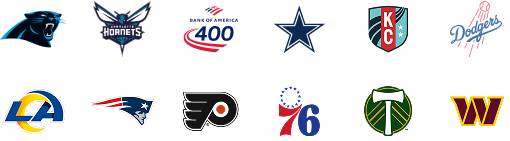 Logos for Charlotte Panthers, Charlotte Hornets, Bank of America 400, Dallas Cowboys, Kansas City Current, Los Angeles Dodgers, Los Angeles Rams, New England Patriots, Philadelphia 76ers, Philadelphia Flyers, Portland Timbers and Washington Commanders