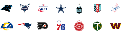 Logos for Charlotte Panthers, Charlotte Hornets, Bank of America 400, Dallas Cowboys, Kansas City Current, Los Angeles Dodgers, Los Angeles Rams, New England Patriots, Philadelphia 76ers, Philadelphia Flyers, Portland Timbers and Washington Commanders