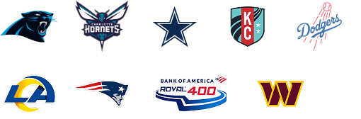 Logos for Charlotte Panthers, Charlotte Hornets, Dallas Cowboys, Kansas City Current, Los Angeles Dodgers, Los Angeles Rams, ROVAL 400 and Washington Commanders