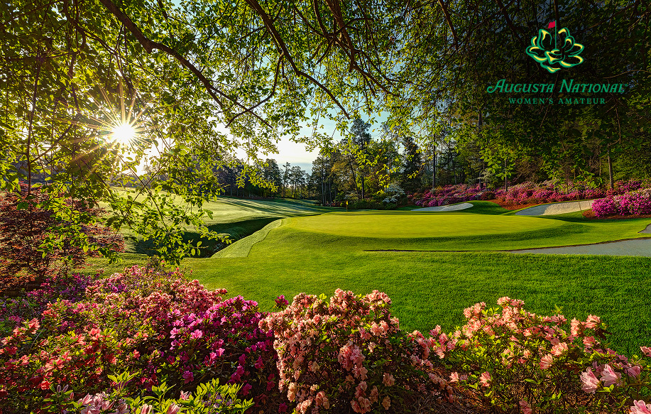A manicured fairway and green stretch into the distance, bordered by trees and azaleas in full bloom. 