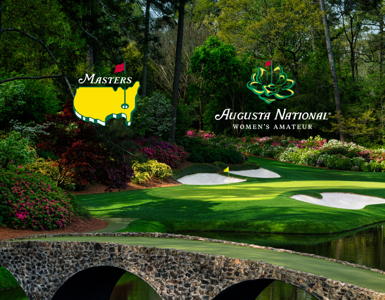 Image of a golf course with the Masters Tournament and Augusta National Women’s Amateur logos overlaid.