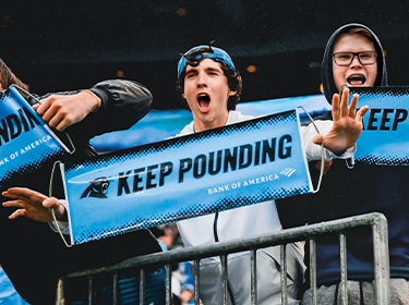 Panthers fans screaming and holding signs in the stands
