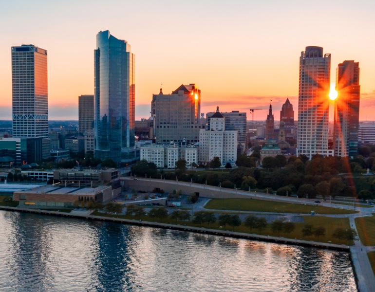 Milwaukee skyline at sunset