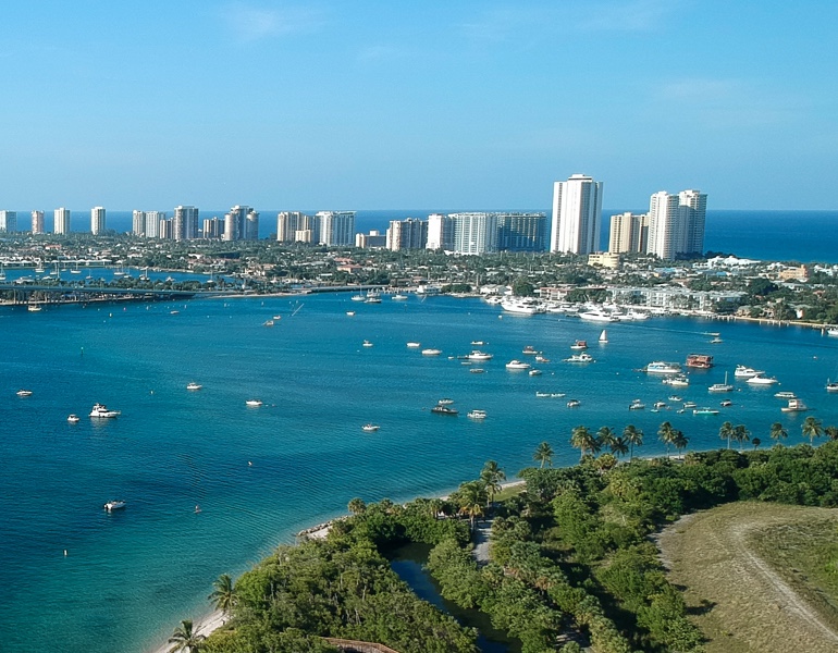 Skyline view of ocean and Palm Beach buildings