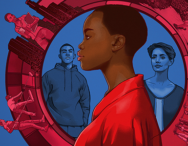 Illustration featuring three young people of color surrounded by examples of community projects