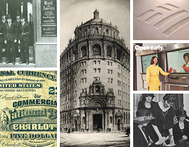 Historic collage showing early banking scenes, vintage currency, buildings, and people illustrating Bank of America’s timeline history.